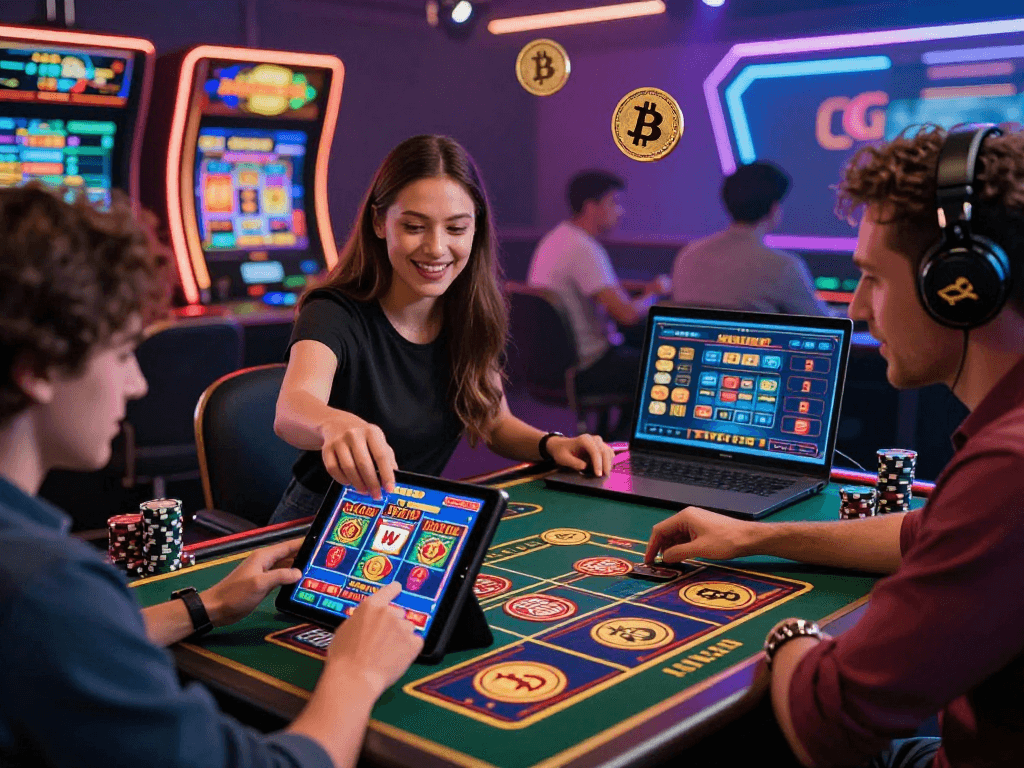 Engaged players in a crypto casino environment enjoying diverse games on their devices.