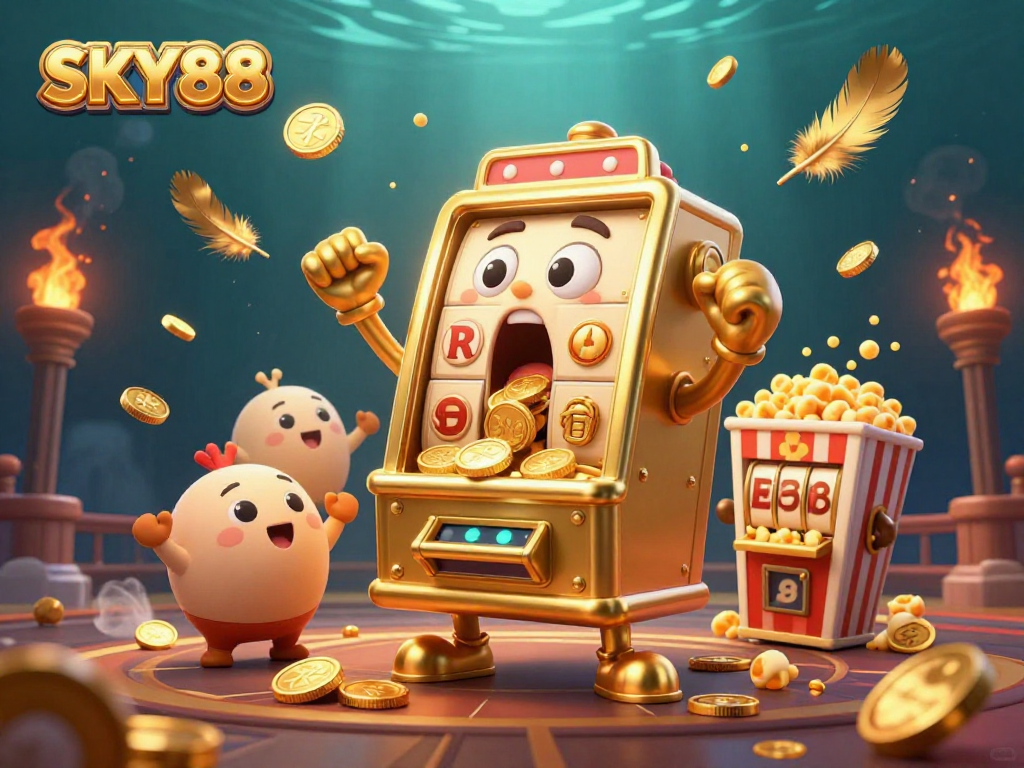 Experience big wins with SKY88 as a golden slot machine hits the jackpot in a vibrant casino scene.