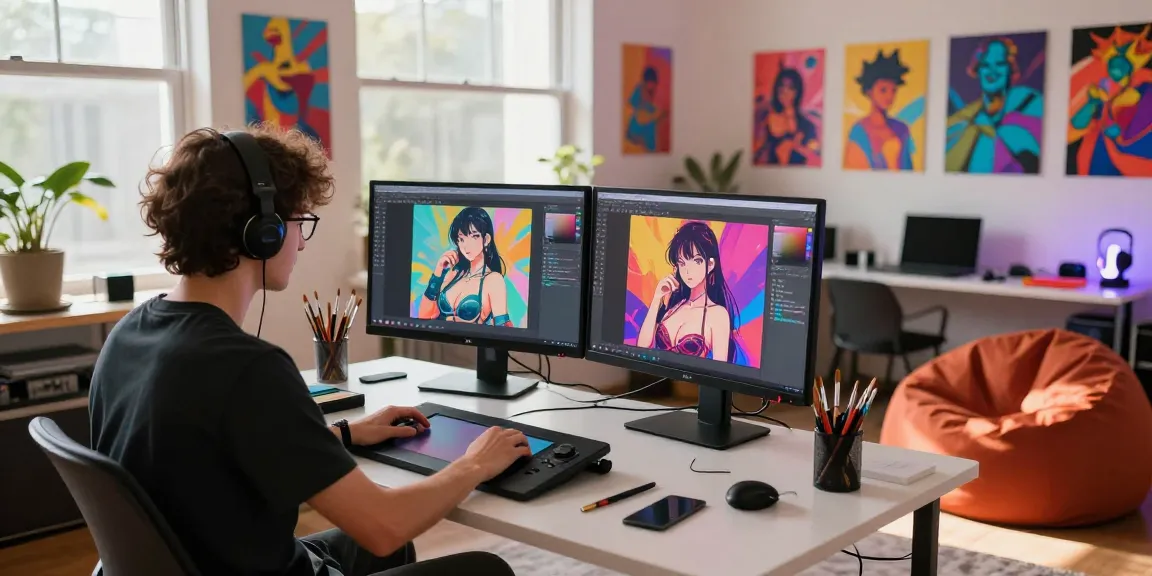 Creating AI hentai artwork in a vibrant studio with dual monitors and ambient lighting.