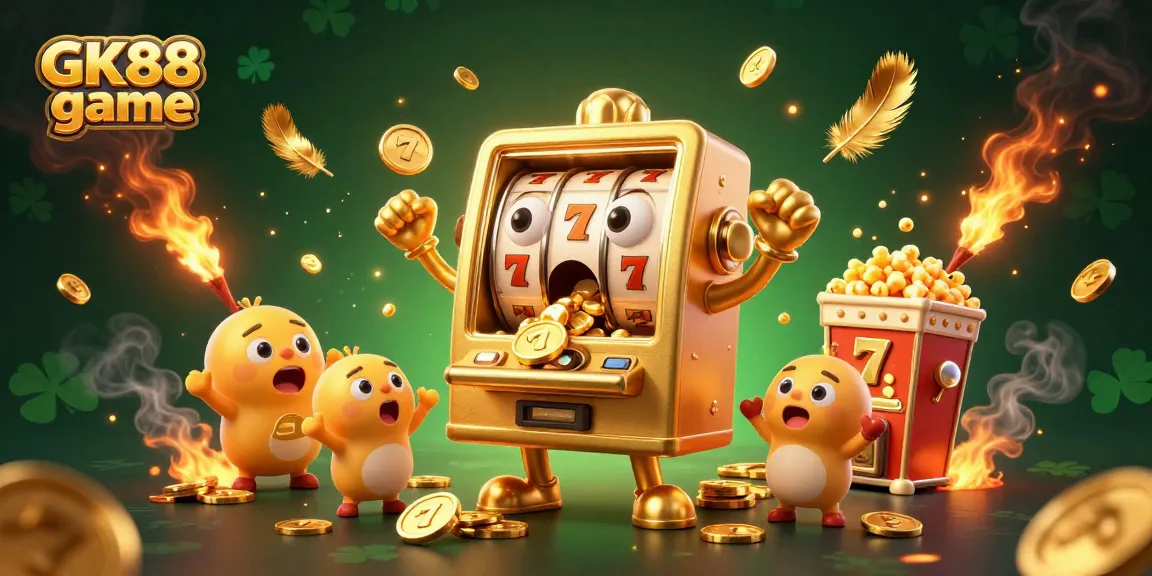 Experience the GK88 game with a golden slot machine celebrating its jackpot, surrounded by cheering characters.