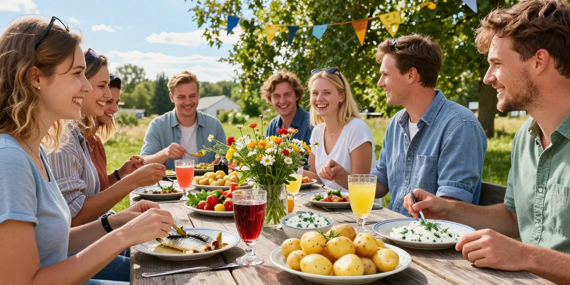 Recept på midsommarmat på ett festligt utomhusevenemang med vänner, traditionella svenska rätter.