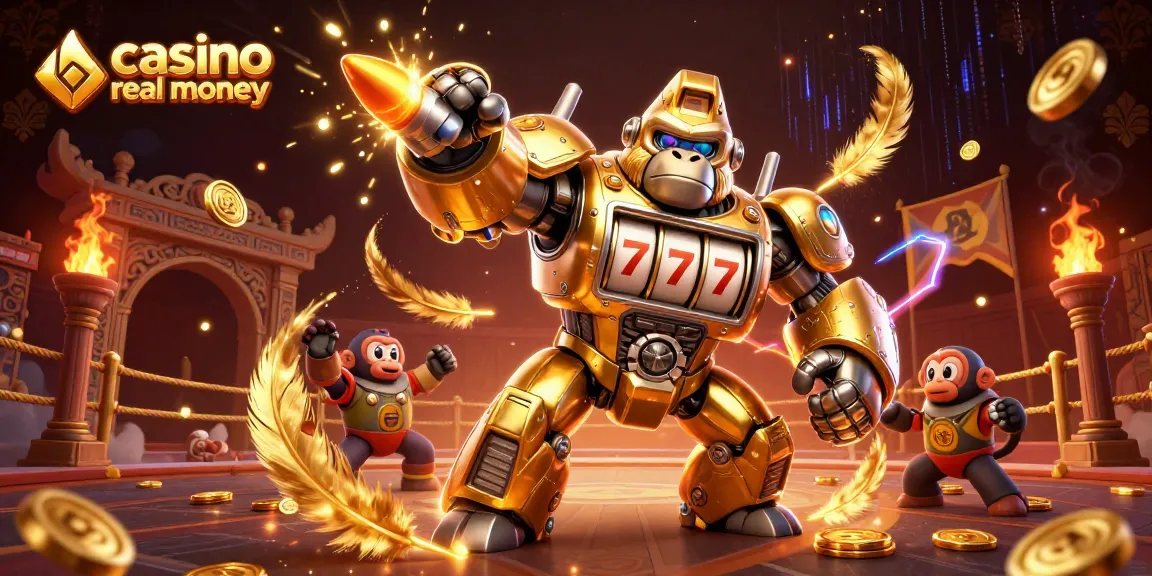 Engage with casino real money excitement as a golden gorilla mech celebrates with coins amidst dramatic effects.