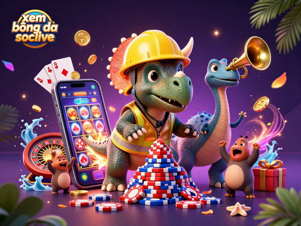 xem bóng đá socolive highlights a vibrant casino scene with cartoon dinosaurs celebrating gaming wins.