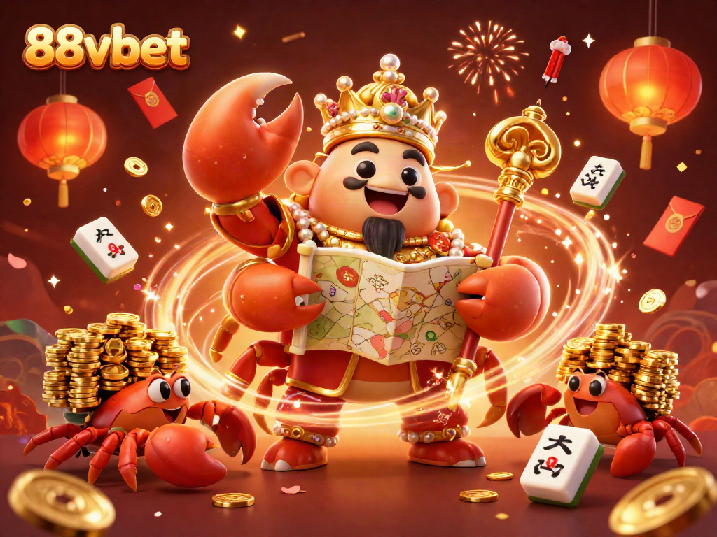 88vbet's golden crab emperor celebrates wealth with vibrant casino elements and festive fireworks.