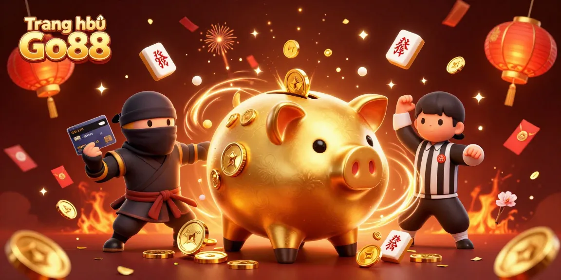 Engage and win at Trang chủ Go88 with a dynamic casino illustration featuring a golden piggy bank sumo wrestler.