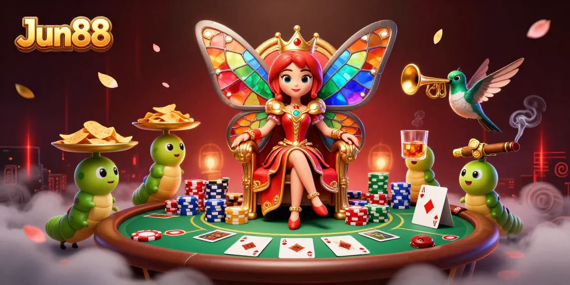 Engage with Jun88 as a vibrant casino fantasy scene featuring a butterfly queen and poker elements.