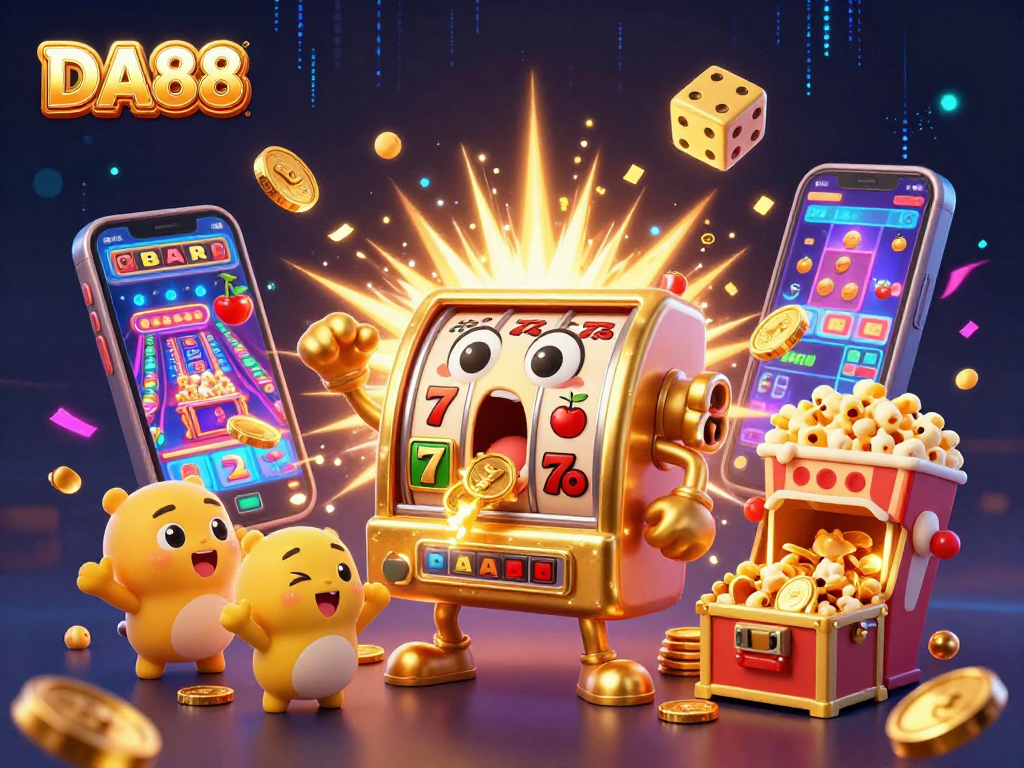 DA88 slot machine marvelously hitting a jackpot with coins pouring out, vibrant casino scene.