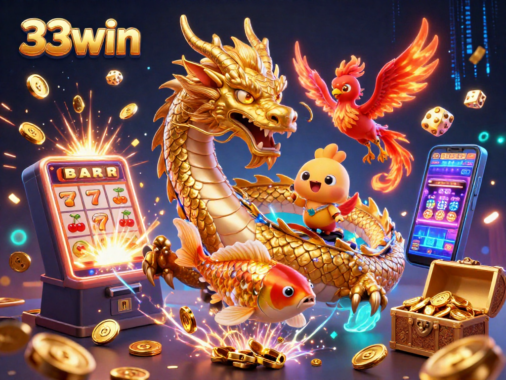 33win celebrates a jackpot adventure with a dynamic dragon, phoenix, and koi fish in vibrant casino graphics.
