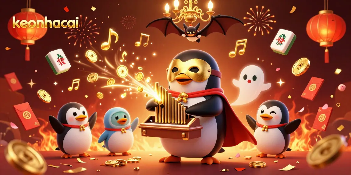 Experience keonhacai's thrilling gameplay with a dynamic scene of a penguin character amidst golden casino elements.