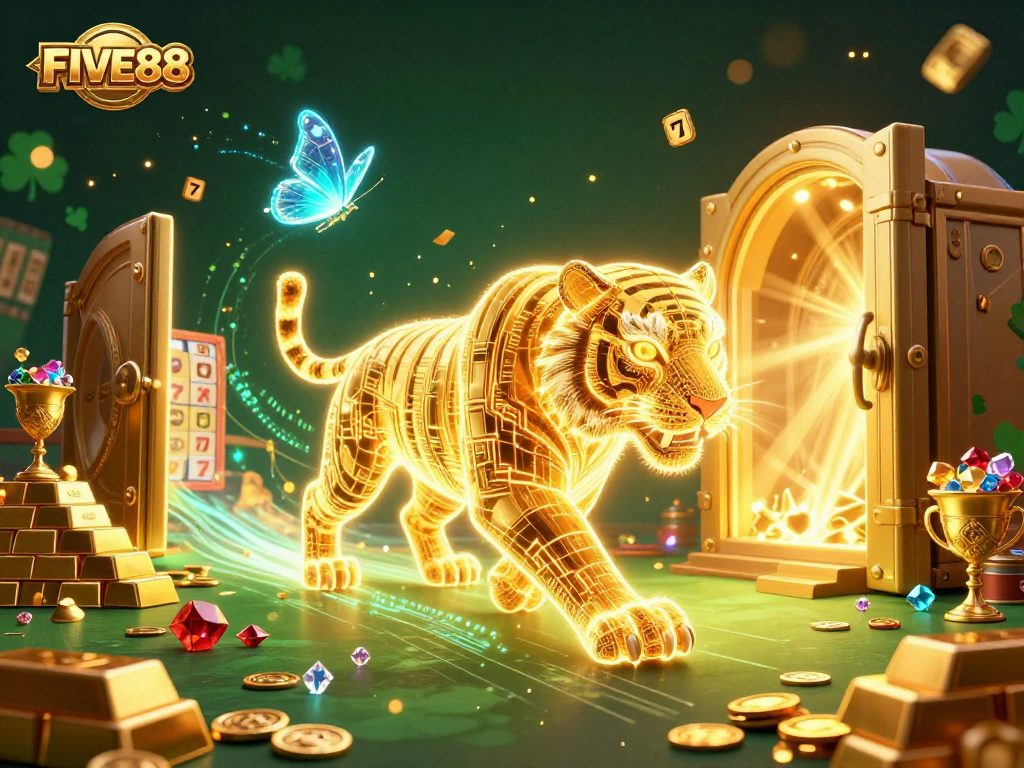 Experience the thrill of FIVE88 with a vibrant 3D digital casino scene filled with gold and treasures.