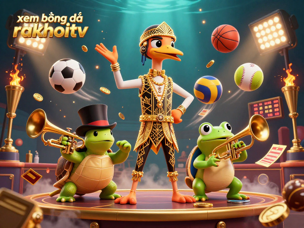 Xem bóng đá rakhoitv with vibrant sports characters illustrated in a dynamic betting scene packed with exciting elements.