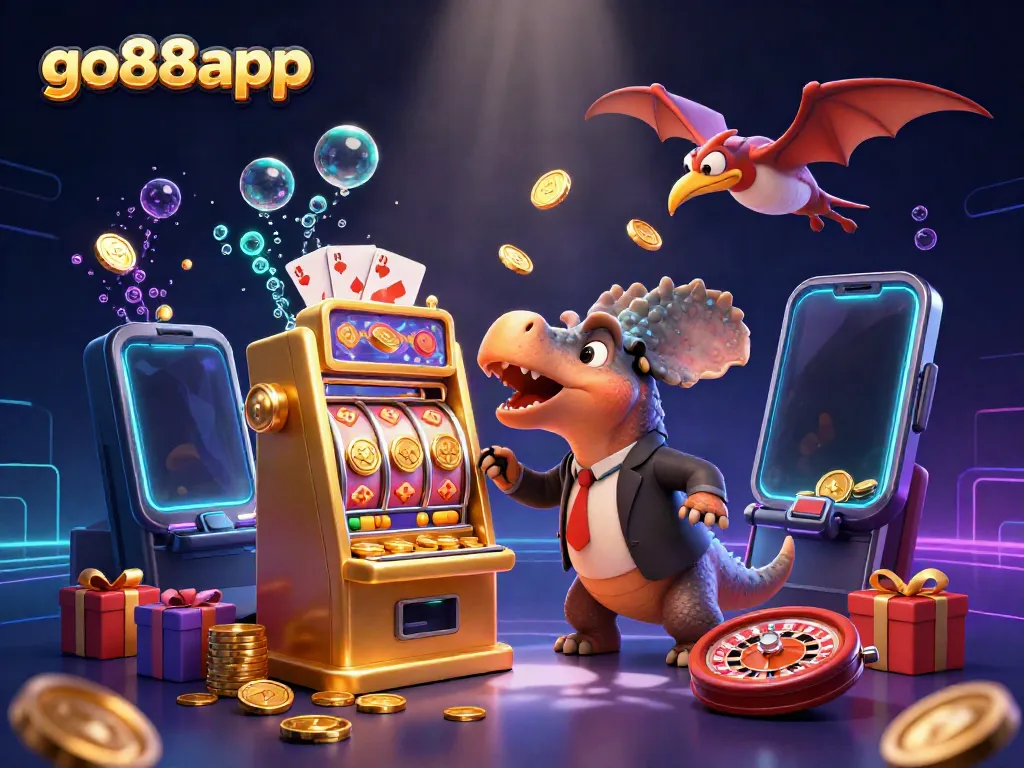 Experience the excitement of winning with go88app as a dinosaur gains jackpots from a slot machine in a vibrant casino scene.