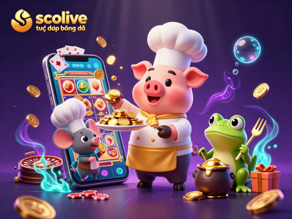 Engage with socolive trực tiếp bóng đá, featuring a chef pig and dynamic casino elements for an exciting experience.