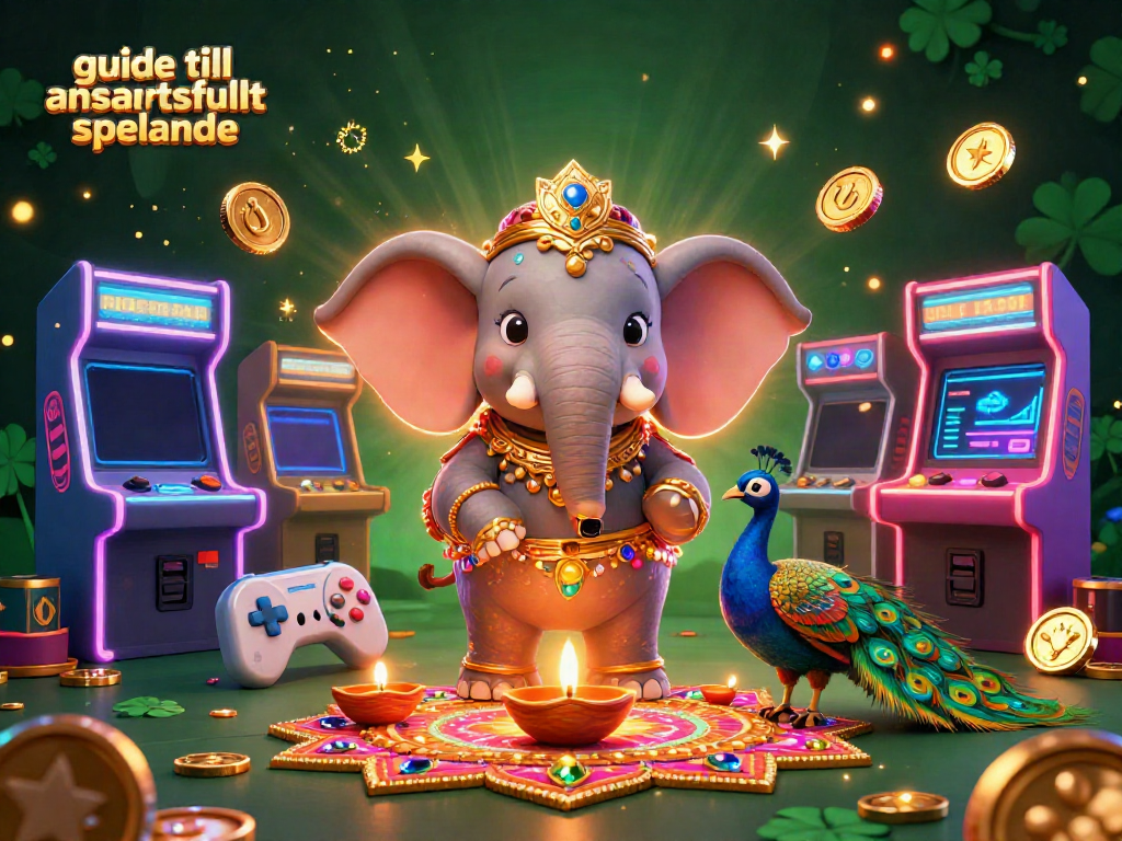 Guide till ansvarsfullt spelande med en 3D-elefant dekorerad i guld och färg, omgiven av spelmaskiner.
