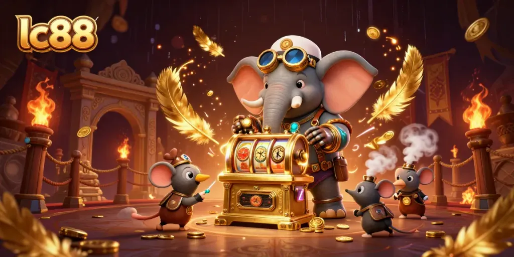 Experience the thrill of lc88 with a steampunk elephant in a vibrant, high-energy casino scene.