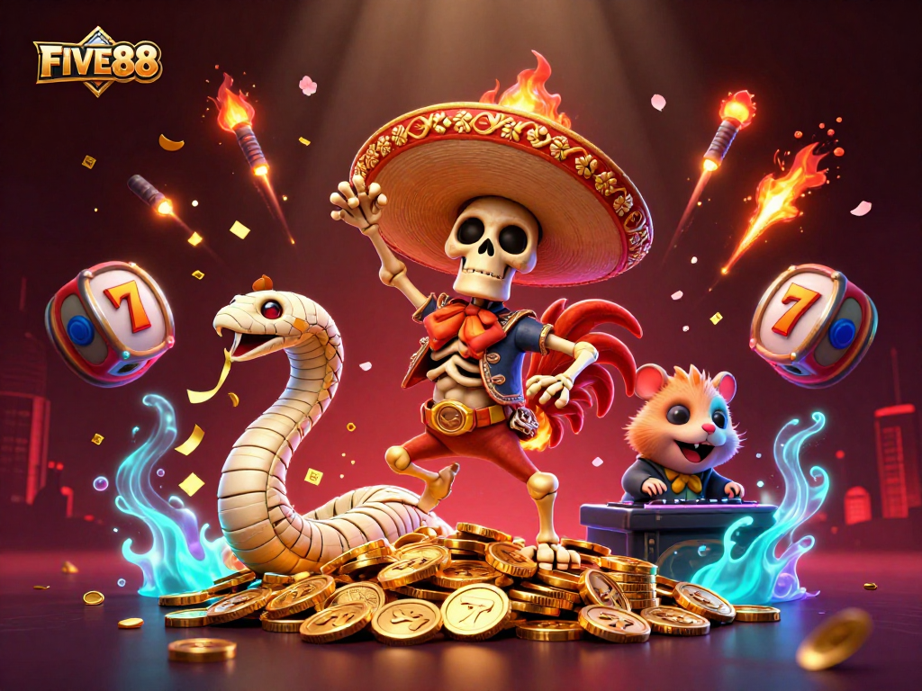Experience exciting gaming adventures at FIVE88 with vibrant characters and slot elements in a captivating atmosphere