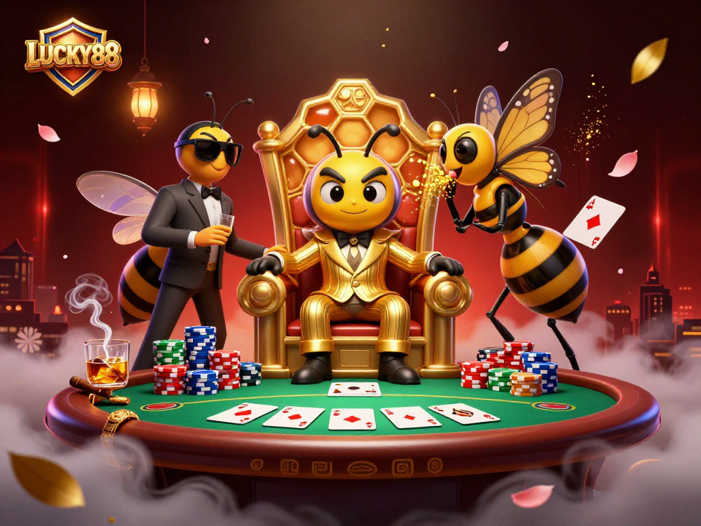 Win exciting games with LUCKY88 in a vibrant casino illustration featuring a bee mob boss and poker elements.
