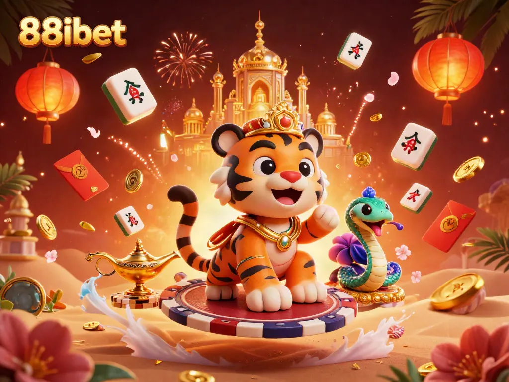 Experience winning thrills with 88ibet as a tiger sultan rides a carpet of poker chips amidst treasures.