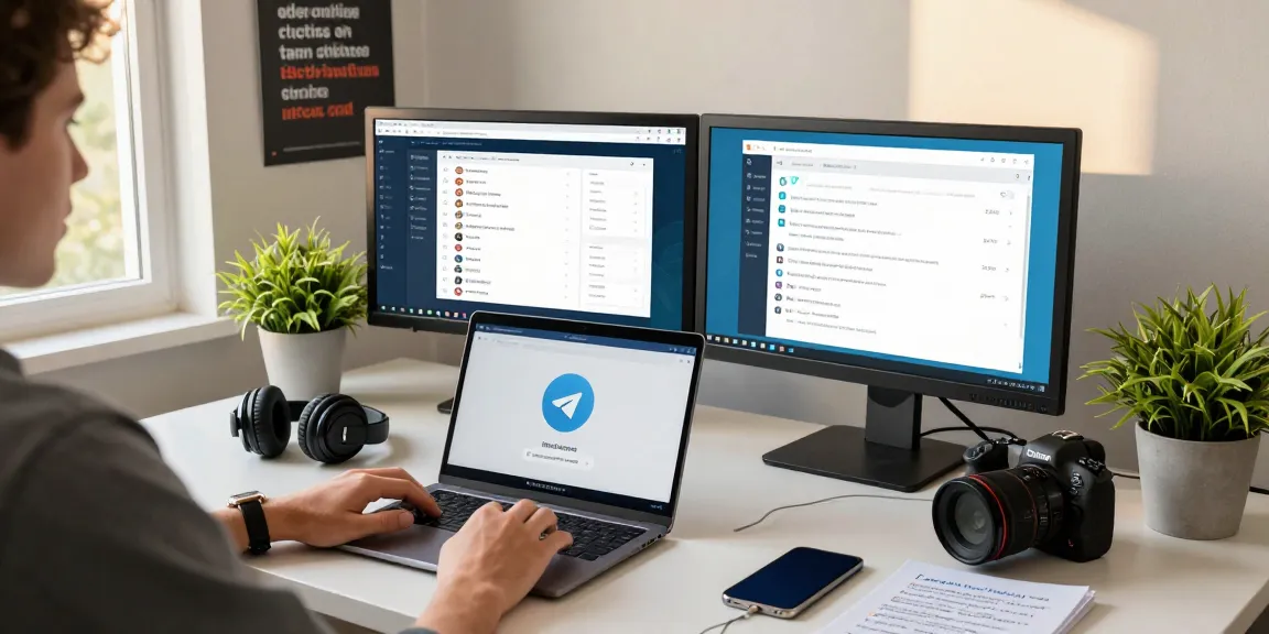 Using the Telegram web version on a laptop in a modern workspace with dual monitors.